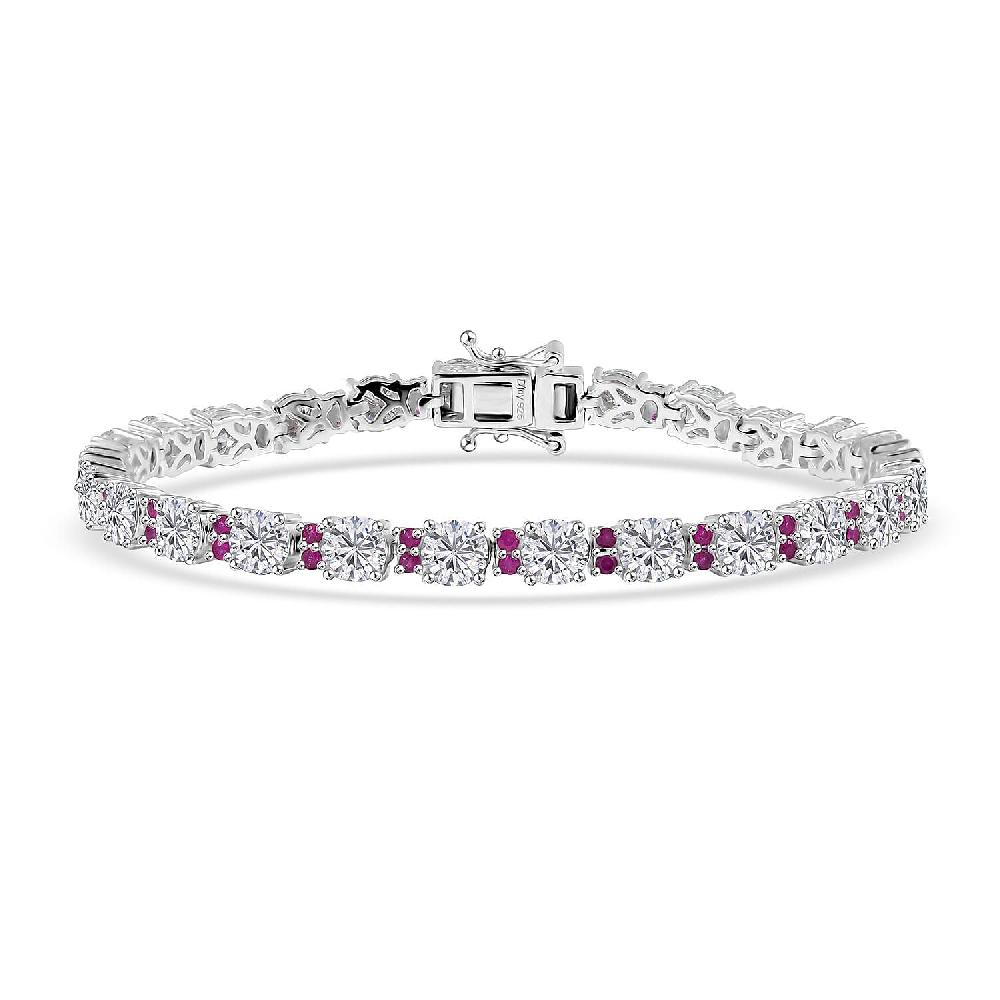 D'Joy Moissanite and Madagascar Pink Sapphire 12.00 ctw Dream Weaver Bracelet in Rhodium Over Sterling Silver (7.25 In)