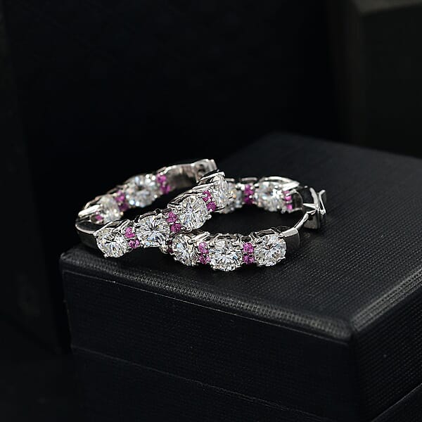 D'Joy Moissanite And Madagascar Pink Sapphire 6.00 Ctw Dream Weaver Hoop Earrings In Rhodium Over Sterling Silver