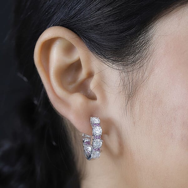D'Joy Moissanite And Madagascar Pink Sapphire 6.00 Ctw Dream Weaver Hoop Earrings In Rhodium Over Sterling Silver