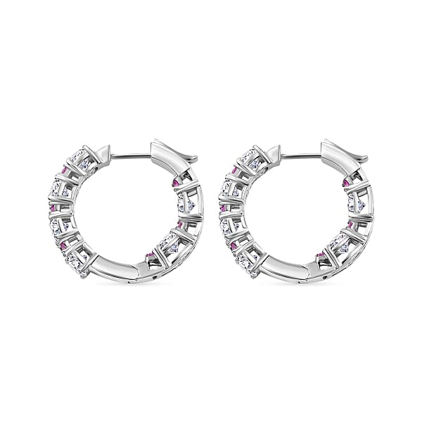 D'Joy Moissanite And Madagascar Pink Sapphire 6.00 Ctw Dream Weaver Hoop Earrings In Rhodium Over Sterling Silver