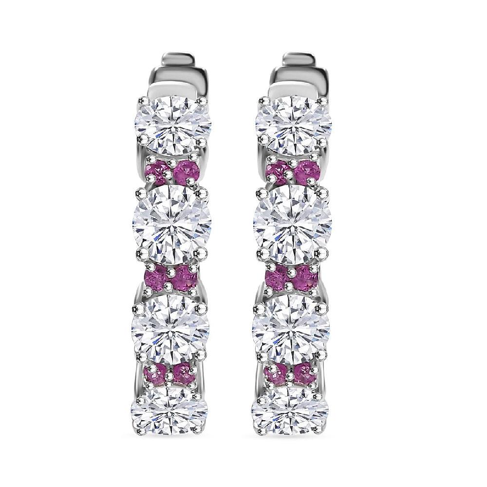 D'Joy Moissanite and Madagascar Pink Sapphire 6.00 ctw Dream Weaver Hoop Earrings in Rhodium Over Sterling Silver