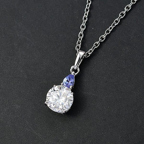D'Joy Moissanite And Tanzanite 1.35 Ctw Pendant Necklace In Rhodium Over Sterling Silver 20 Inches