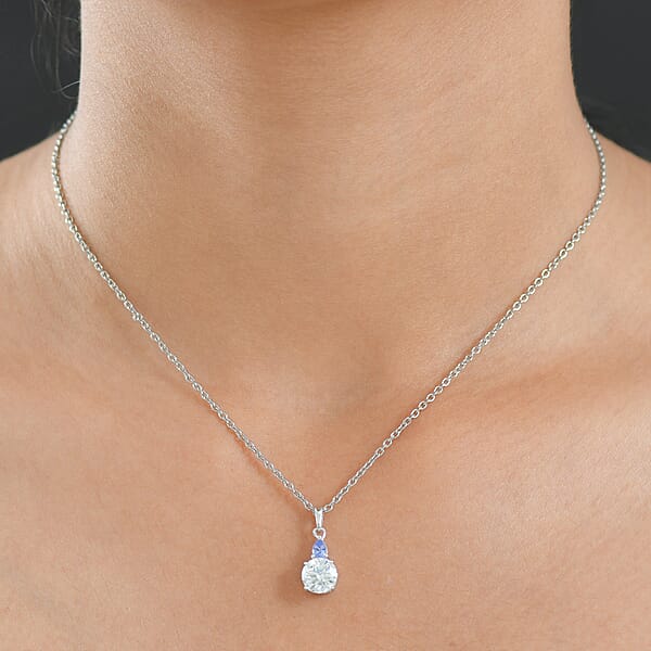 D'Joy Moissanite And Tanzanite 1.35 Ctw Pendant Necklace In Rhodium Over Sterling Silver 20 Inches