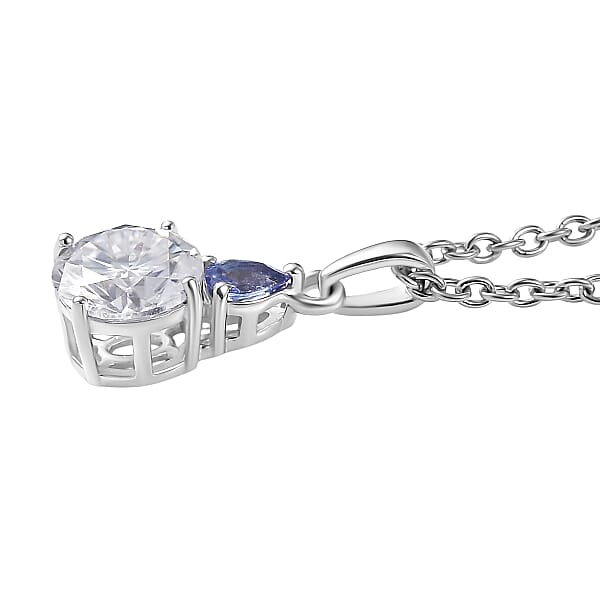D'Joy Moissanite And Tanzanite 1.35 Ctw Pendant Necklace In Rhodium Over Sterling Silver 20 Inches