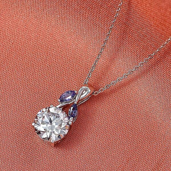 D'Joy Moissanite And Tanzanite 2.10 Ctw Twilight Spark Pendant Necklace In Rhodium Over Sterling Silver 20 Inches