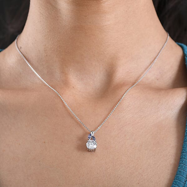 D'Joy Moissanite And Tanzanite 2.10 Ctw Twilight Spark Pendant Necklace In Rhodium Over Sterling Silver 20 Inches