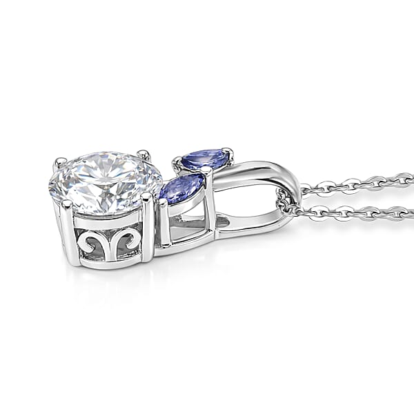 D'Joy Moissanite And Tanzanite 2.10 Ctw Twilight Spark Pendant Necklace In Rhodium Over Sterling Silver 20 Inches