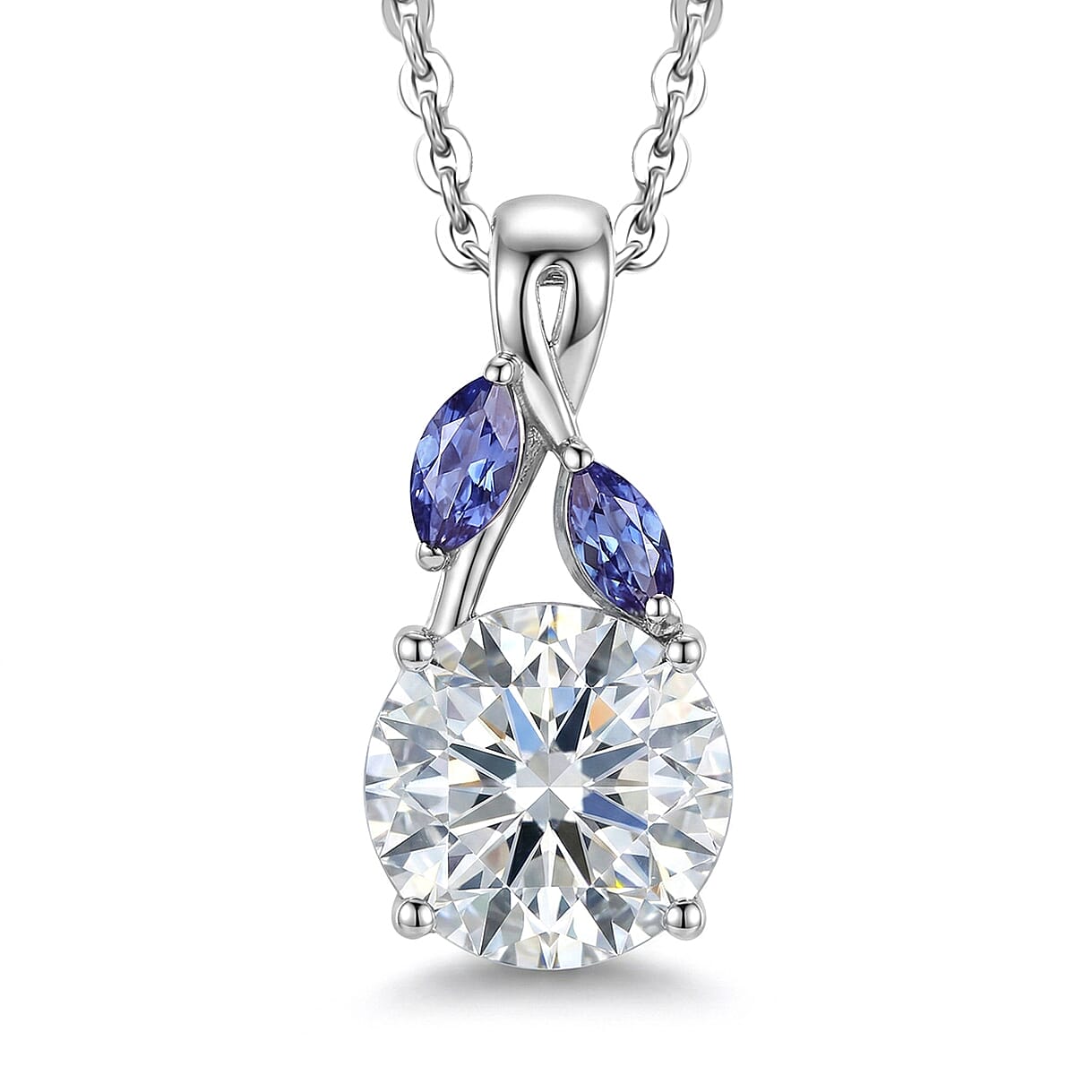 D'Joy Moissanite and Tanzanite 2.10 ctw Twilight Spark Pendant Necklace in Rhodium Over Sterling Silver 20 Inches