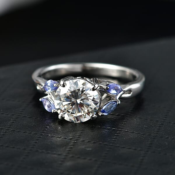 D'Joy Moissanite And Tanzanite 2.25 Ctw Twilight Spark Ring In Rhodium Over Sterling Silver