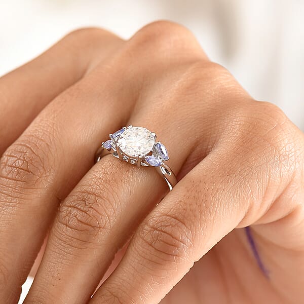 D'Joy Moissanite And Tanzanite 2.25 Ctw Twilight Spark Ring In Rhodium Over Sterling Silver