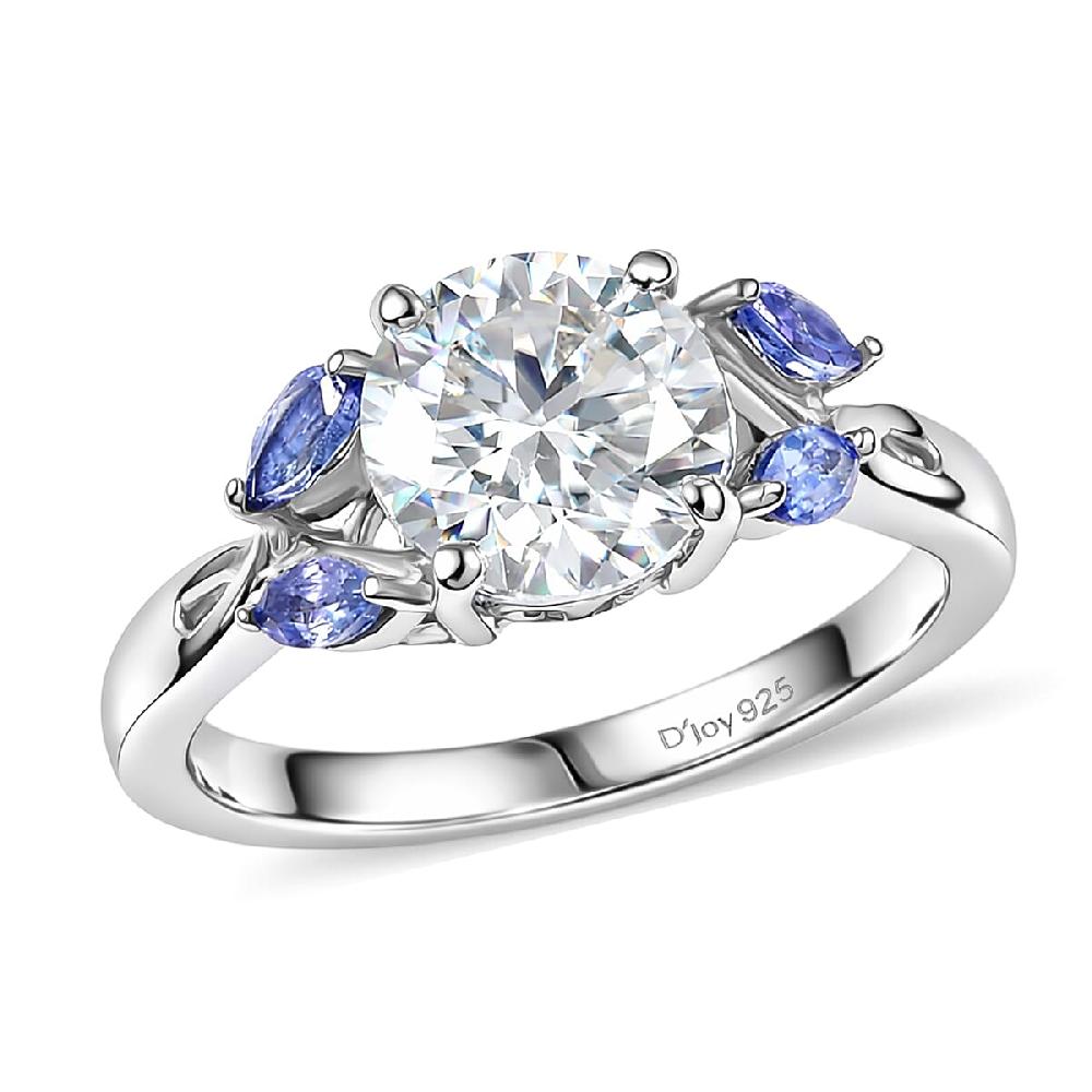 D'Joy Moissanite and Tanzanite 2.25 ctw Twilight Spark Ring in Rhodium Over Sterling Silver