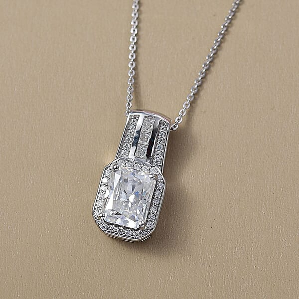 D'Joy Moissanite Art Deco Pendant Necklace In Rhodium Over Sterling Silver 2.90 Ctw (20 Inches)
