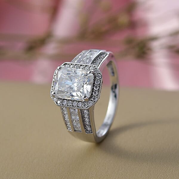 D'Joy Moissanite Art Deco Ring In Rhodium Over Sterling Silver 3.10 Ctw
