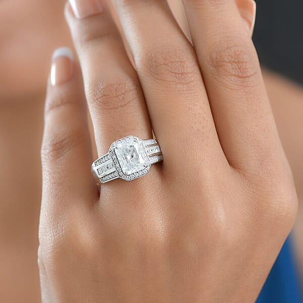 D'Joy Moissanite Art Deco Ring In Rhodium Over Sterling Silver 3.10 Ctw