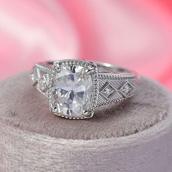 D'Joy Moissanite (Cush 11x9mm) Ring In Rhodium Over Sterling Silver 3.90 Ctw