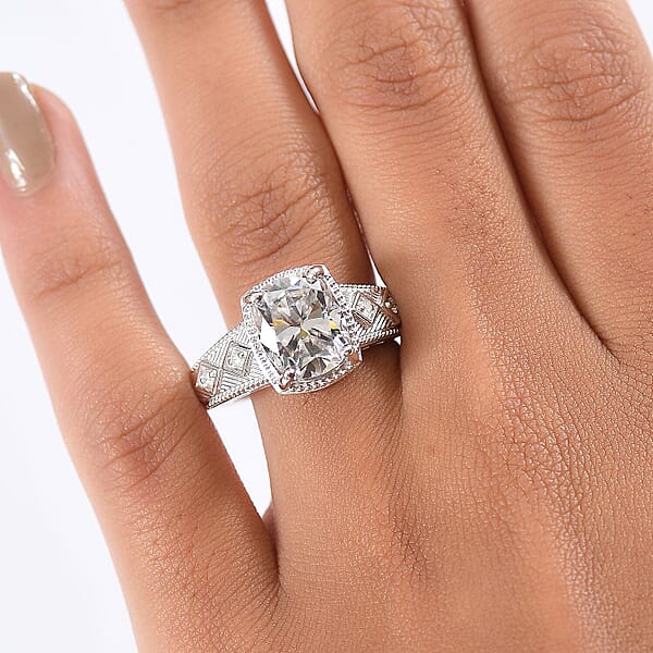 D'Joy Moissanite (Cush 11x9mm) Ring In Rhodium Over Sterling Silver 3.90 Ctw