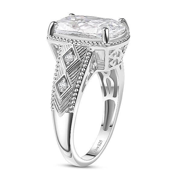 D'Joy Moissanite (Cush 11x9mm) Ring In Rhodium Over Sterling Silver 3.90 Ctw