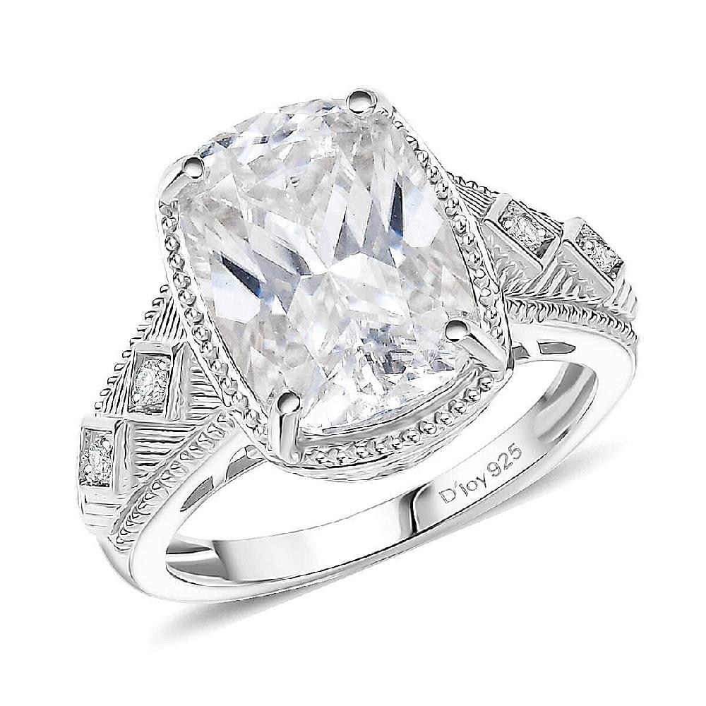 D'Joy Moissanite (Cush 11x9mm) Ring in Rhodium Over Sterling Silver 3.90 ctw