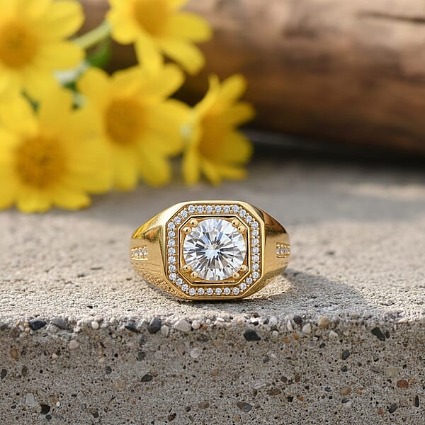 D'Joy Moissanite Halo Men's Ring In 18K Vermeil YG Over Sterling Silver 2.00 Ctw