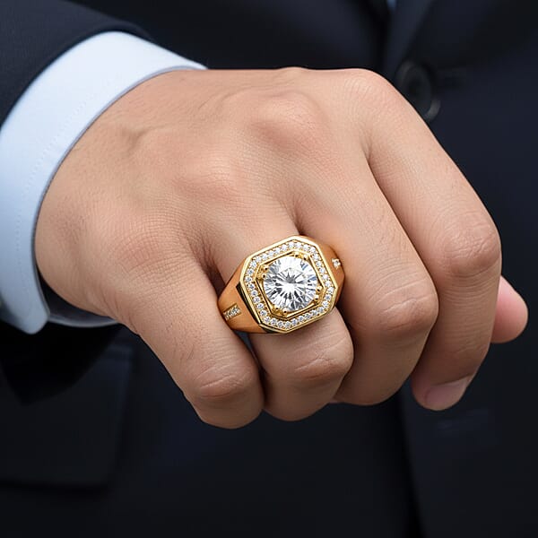 D'Joy Moissanite Halo Men's Ring In 18K Vermeil YG Over Sterling Silver 2.00 Ctw