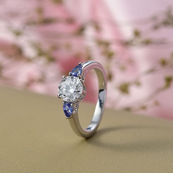 D'Joy Moissanite Tanzanite Ring In Rhodium Over Sterling Silver 1.60 Ctw