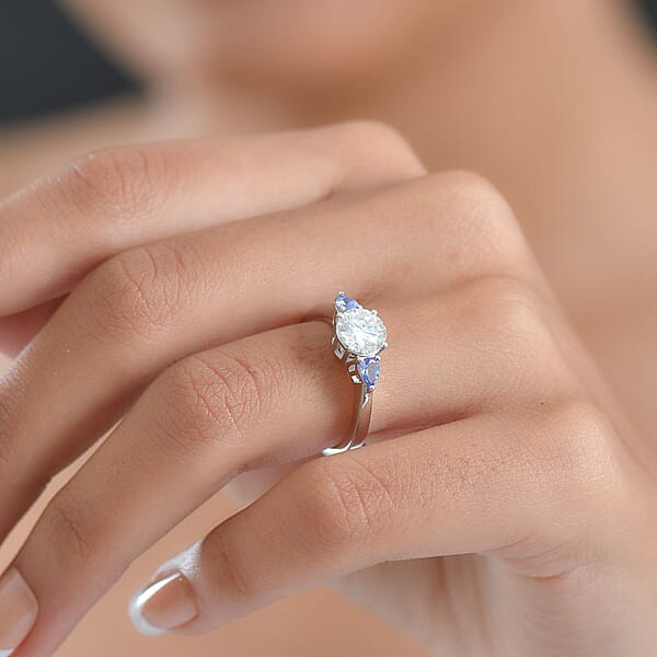 D'Joy Moissanite Tanzanite Ring In Rhodium Over Sterling Silver 1.60 Ctw