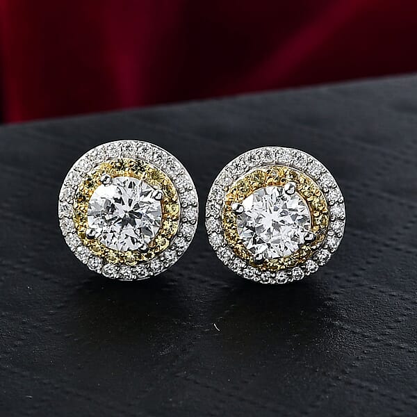 D'Joy Moissanite Yellow Sapphire Halo Earrings In Rhodium Over Sterling Silver 2.55 Ctw