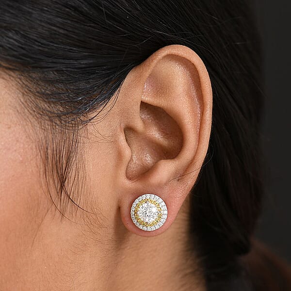 D'Joy Moissanite Yellow Sapphire Halo Earrings In Rhodium Over Sterling Silver 2.55 Ctw
