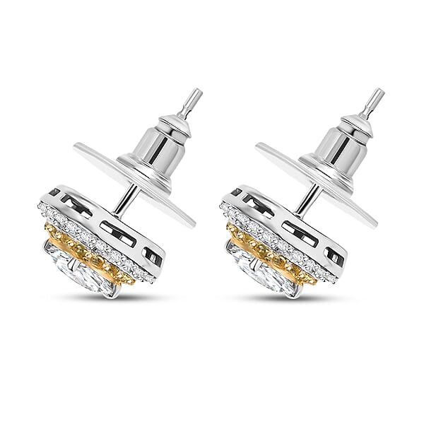 D'Joy Moissanite Yellow Sapphire Halo Earrings In Rhodium Over Sterling Silver 2.55 Ctw