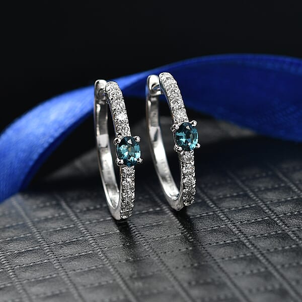D'Joy Monte Belo Indicolite And Moissanite 0.90 Ctw Starlit Arc In Night Sky Earrings In Rhodium Over Sterling Silver