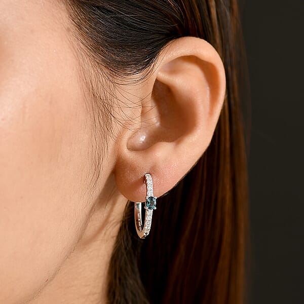 D'Joy Monte Belo Indicolite And Moissanite 0.90 Ctw Starlit Arc In Night Sky Earrings In Rhodium Over Sterling Silver