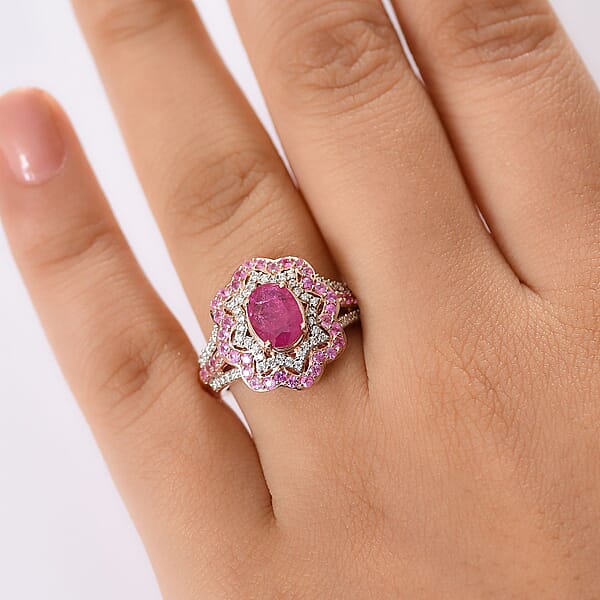 D'Joy Montepuez Ruby And Multi Gemstone 2.75 Ctw Ring In 18K Vermeil Yellow Gold Over Sterling Silver