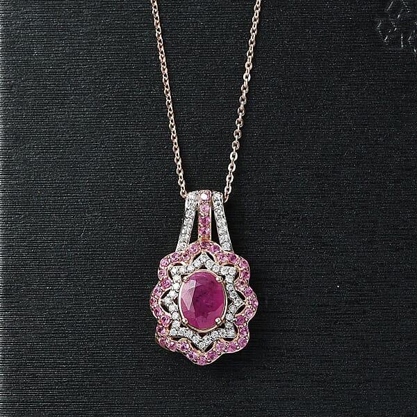 D'Joy Montepuez Ruby And Multi Gemstone 2.80 Ctw Pendant Necklace In 18K Vermeil Rose Gold Over Sterling Silver 20 Inches