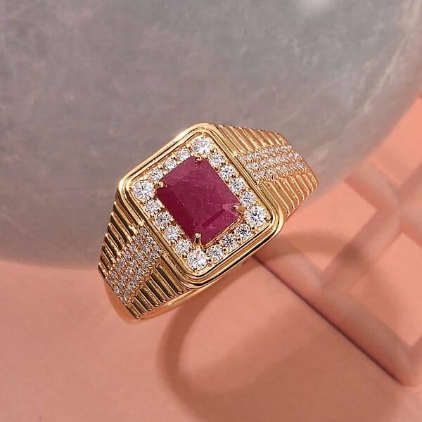 D'Joy Montepuez Ruby Moissanite Men's Ring In 18K Vermeil YG Over Sterling Silver 2.30 Ctw