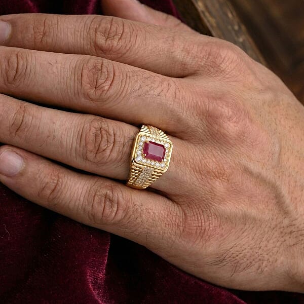 D'Joy Montepuez Ruby Moissanite Men's Ring In 18K Vermeil YG Over Sterling Silver 2.30 Ctw