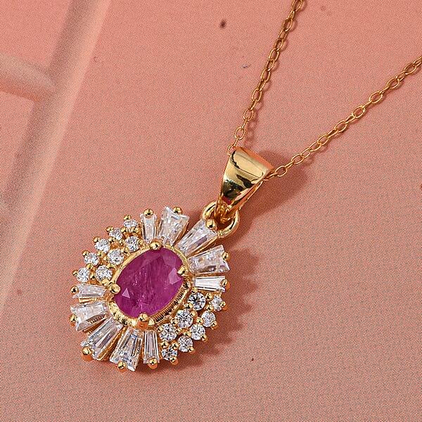D'Joy Montepuez Ruby Moissanite Pendant Necklace In 18K Vermeil YG Over Sterling Silver 2.10 Ctw (20 Inches)