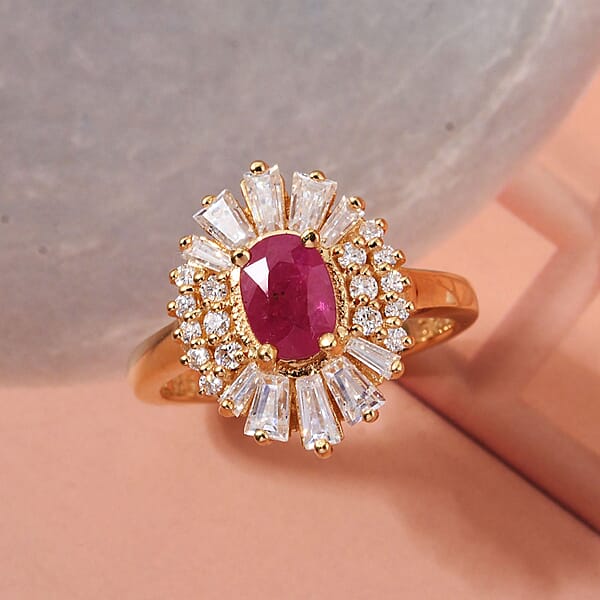 D'Joy Montepuez Ruby Moissanite Ring In 18K Vermeil YG Over Sterling Silver 2.10 Ctw