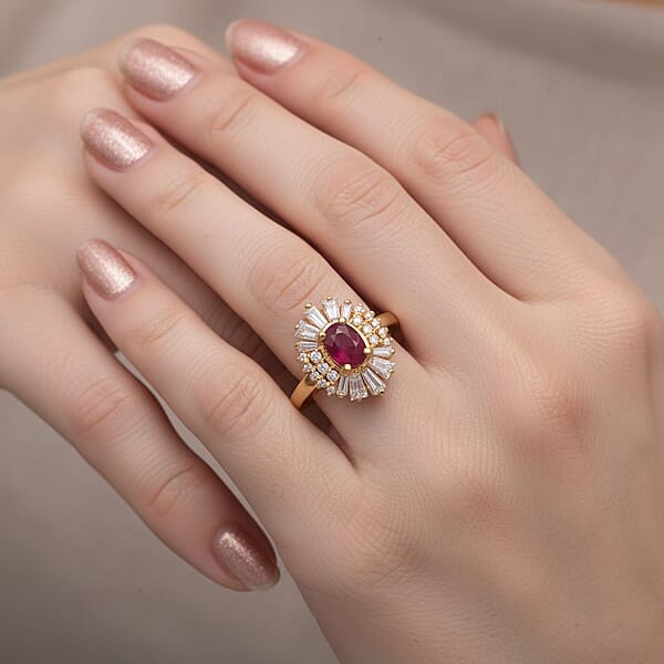 D'Joy Montepuez Ruby Moissanite Ring In 18K Vermeil YG Over Sterling Silver 2.10 Ctw