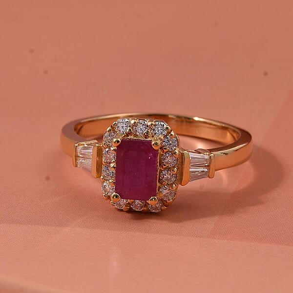 D'Joy Montepuez Ruby Moissanite Ring In 18K Vermeil YG Over Sterling Silver 1.00 Ctw