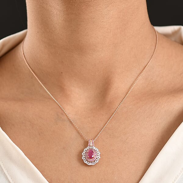 D'Joy Montepuez Ruby Multi Gemstone Sunburst Pendant Necklace In 18K Vermeil RG Over Sterling Silver 1.80 Ctw (20 Inches)