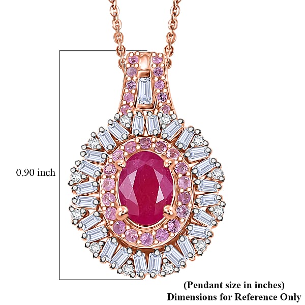 D'Joy Montepuez Ruby Multi Gemstone Sunburst Pendant Necklace In 18K Vermeil RG Over Sterling Silver 1.80 Ctw (20 Inches)