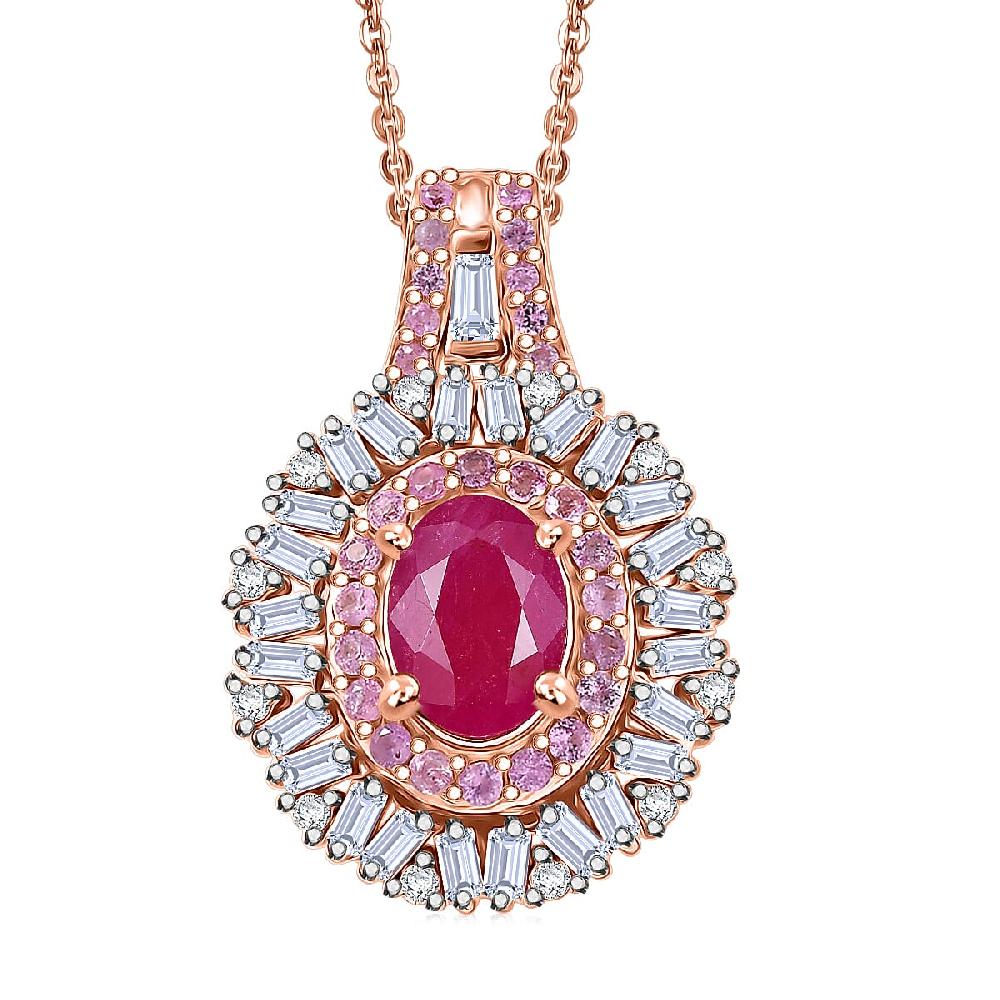 D'Joy Montepuez Ruby Multi Gemstone Sunburst Pendant Necklace in 18K Vermeil RG Over Sterling Silver 1.80 ctw (20 Inches)