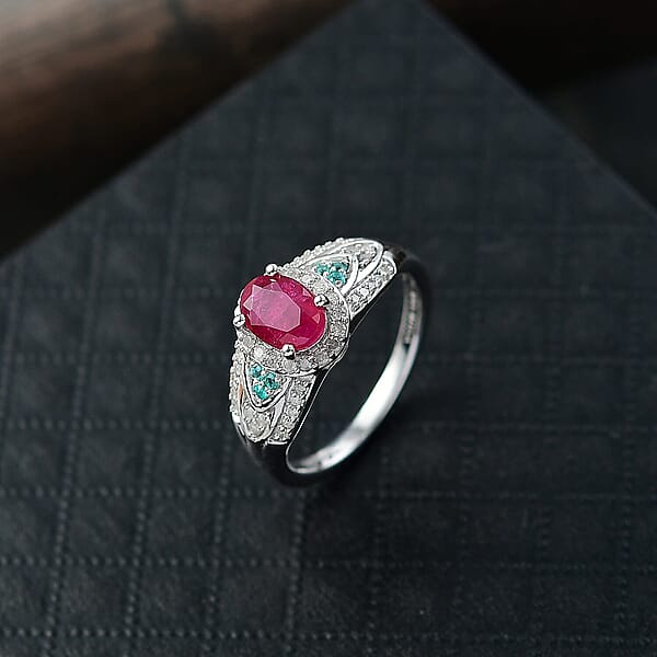 D'Joy Montepuez Ruby Paraiba Tourmaline And Diamond Ring In Rhodium Over Sterling Silver 1.60 Ctw