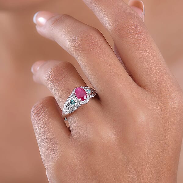 D'Joy Montepuez Ruby Paraiba Tourmaline And Diamond Ring In Rhodium Over Sterling Silver 1.60 Ctw