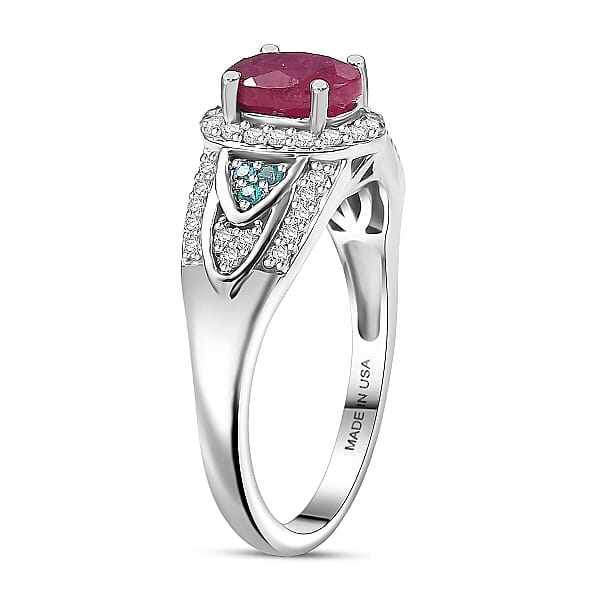 D'Joy Montepuez Ruby Paraiba Tourmaline And Diamond Ring In Rhodium Over Sterling Silver 1.60 Ctw