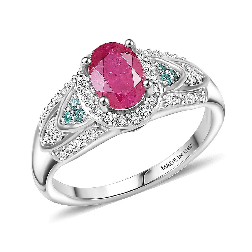 D'Joy Montepuez Ruby Paraiba Tourmaline and Diamond Ring in Rhodium Over Sterling Silver 1.60 ctw