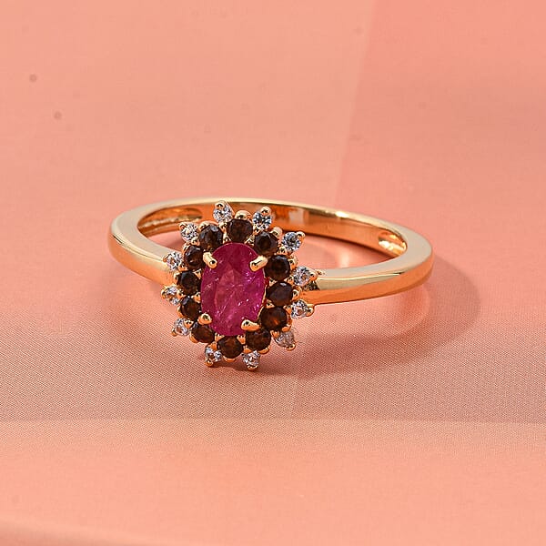 D'Joy Montepuez Ruby White And Coffee Zircon Ring In 18K Vermeil YG Over Sterling Silver 1.15 Ctw