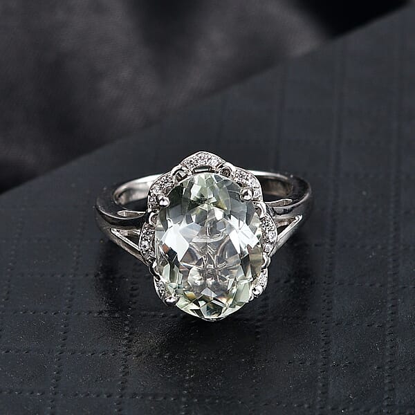 D'Joy Montezuma Prasiolite And White Zircon 6.10 Ctw Ring In Platinum Over Sterling Silver