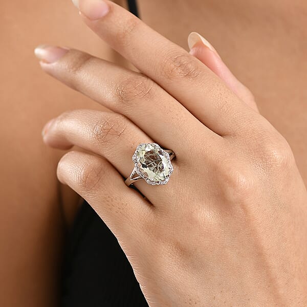 D'Joy Montezuma Prasiolite And White Zircon 6.10 Ctw Ring In Platinum Over Sterling Silver