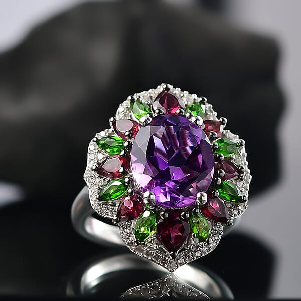 D'Joy Moroccan Amethyst And Multi Gemstone 7.40 Ctw Nature's Empress Ring In Rhodium Over Sterling Silver